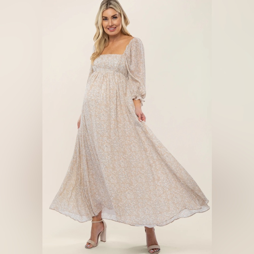 Beige Chiffon Printed Square Neck Empire Maternity Maxi Dress